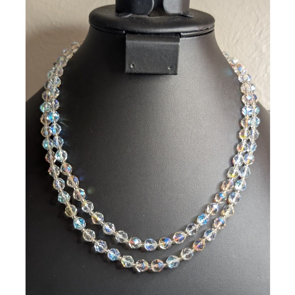 Vintage Aurora Borealis Faceted Crystal Double Strand Box Clasp 20" Necklace